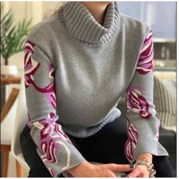 CAbi Eden Pullover Turtleneck Sweater Sz Small EUC Floral Bell Sleeves Gray 3704 - Picture 4 of 12